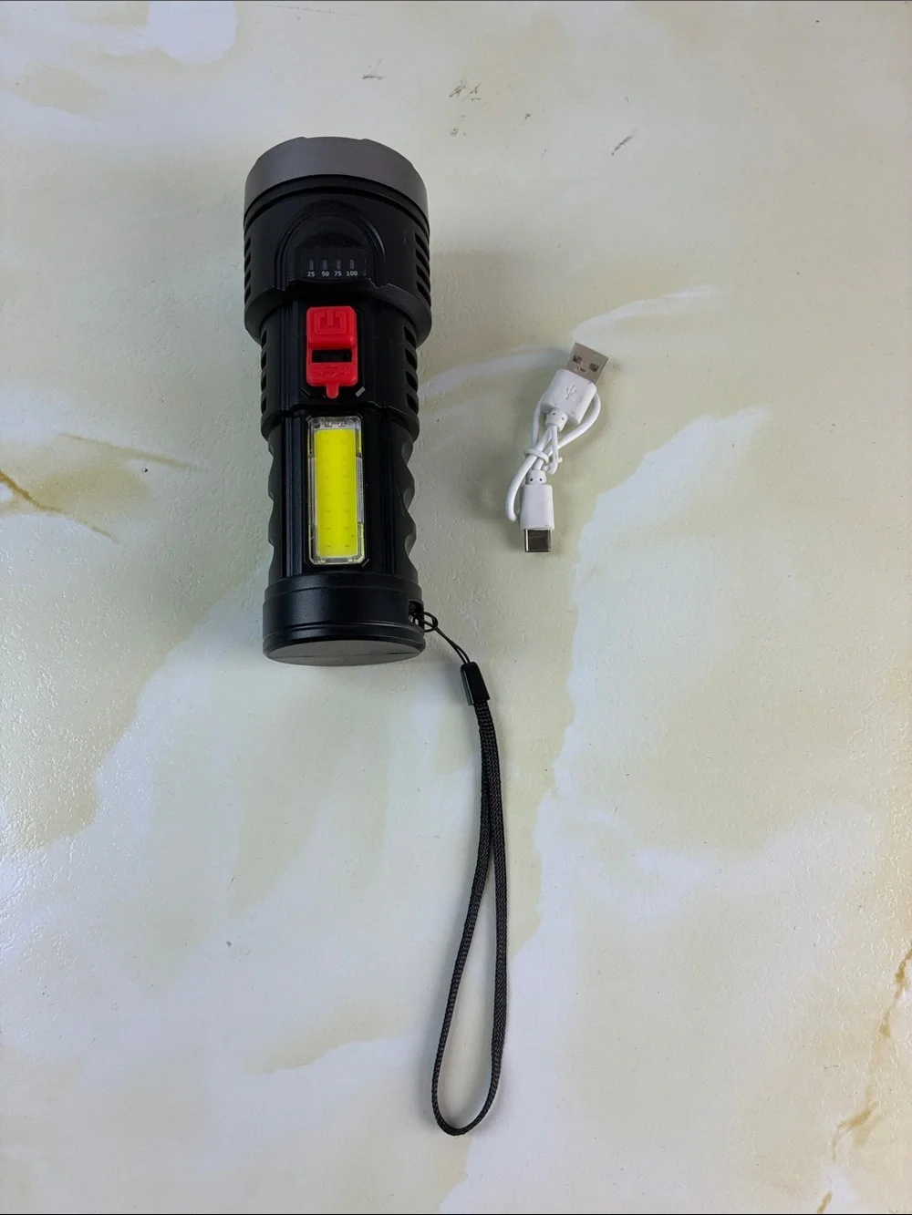 USB Rechargeable Flashlight - Black with Yellow Accent